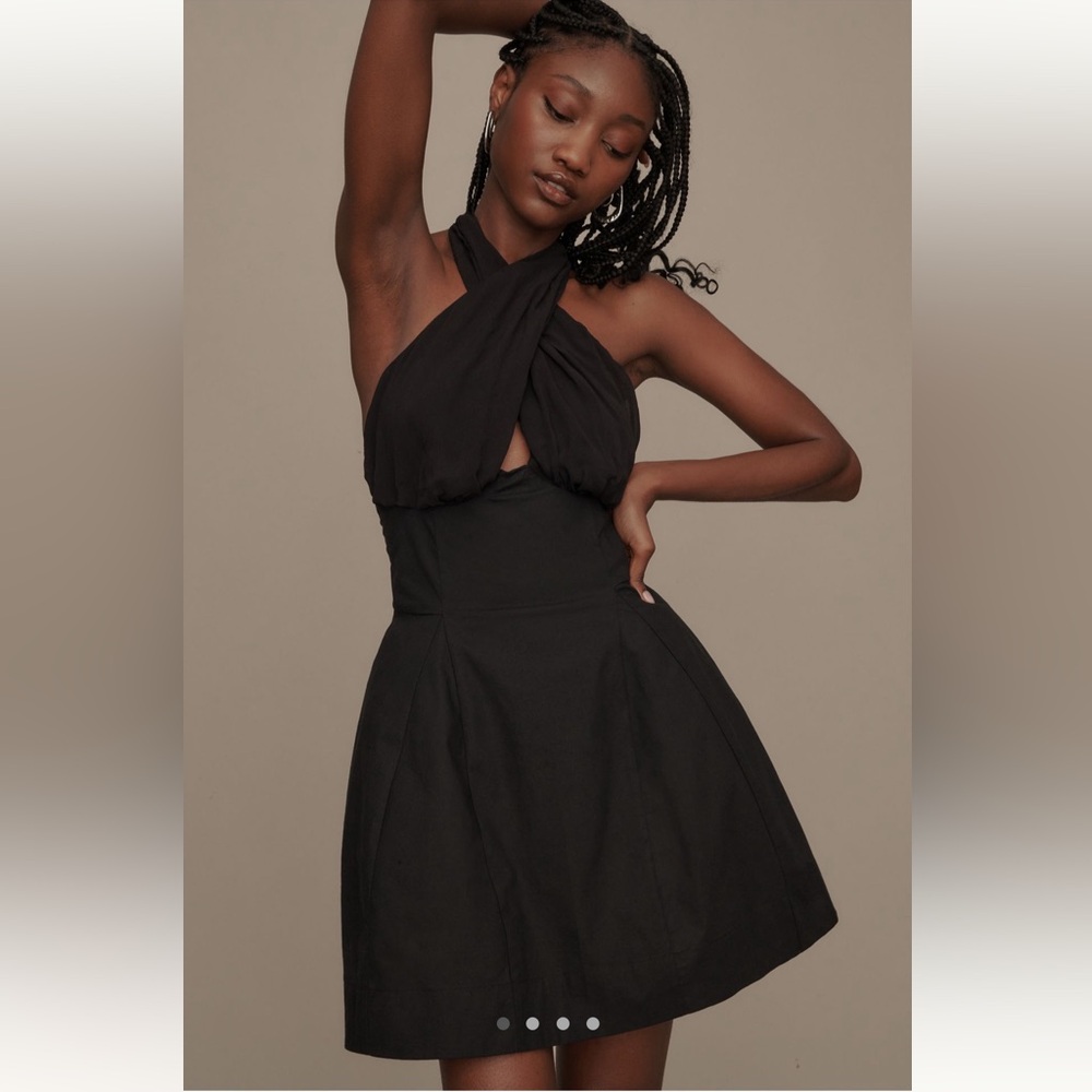 Anthropologie Glam Coquette Halter Fit & Flare Mini Dress NWT Medium Black LBD - Picture 2 of 9